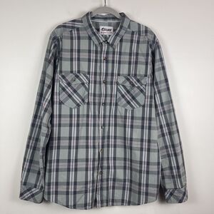 Plugg Mens Button Up Shirt XL Green Gray Long Sleeve Plaid Chest‎ Flap Pockets